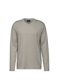 Dlouhý rukáv tričko s výstřihem do V vyrobené ze měkké tkaniny s světle šedým podkladem a tmavě šedými horizontálními pruhy. Jednoduchý, uvolněný střih.