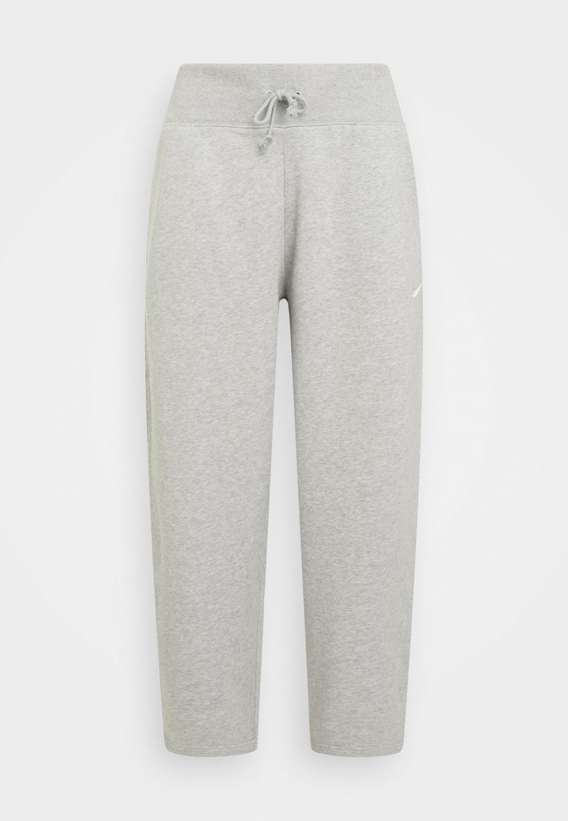 Pantalon de survêtement gris avec une taille à cordon de serrage, des jambes fuselées et une texture douce. Présente un petit logo sur le côté, fabriqué en matériau de mélange de coton.