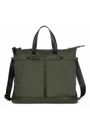 Borsa tote rettangolare verde oliva con manici neri, due tasche anteriori con bottoni e tracolla regolabile.