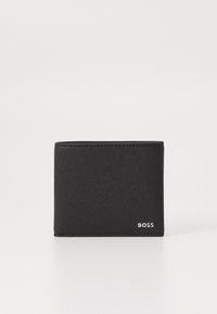 Black bifold wallet made of textured material, featuring a subtle logo and clean lines. Compact design for easy storage and accessibility.
