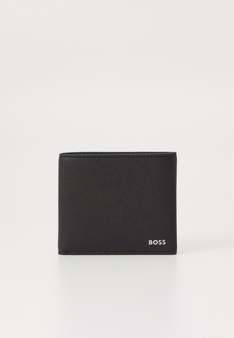 Black bifold wallet made of textured material, featuring a subtle logo and clean lines. Compact design for easy storage and accessibility.