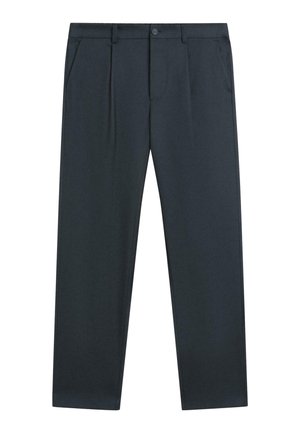 Pantalon gris foncé à coupe droite, doté de poches avant et d'une fermeture à bouton unique, confectionné dans un tissu lisse.