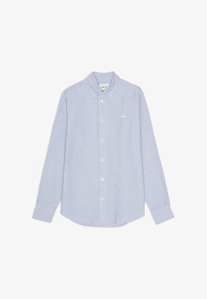 Chemise pour hommes à rayures fines bleues et blanches, à boutons, manches longues et col boutonné.