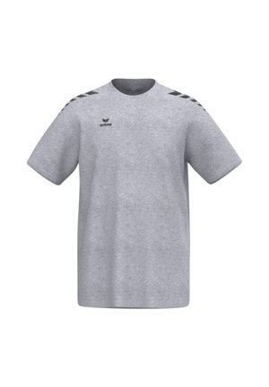 Maglietta sportiva grigio chiaro a maniche corte con logo nero Erima sul petto e motivi a chevron neri su entrambe le spalle.