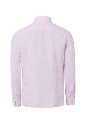 Hellrosa Herrenhemd mit langen Ärmeln und geknöpften Manschetten, Rückansicht vor weißem Hintergrund.