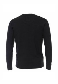 Dunkelblau gestrickter Pullover mit langen Ärmeln, Rundhalsausschnitt und subtiler Textur. Keine auffälligen Muster oder Beschläge auf der Rückseite sichtbar.