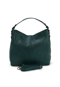 Groene leren handtas met een gebogen bovenkant, dubbele handvatten en een afneembare schouderband. Heeft een gladde textuur en minimale stiksels.
