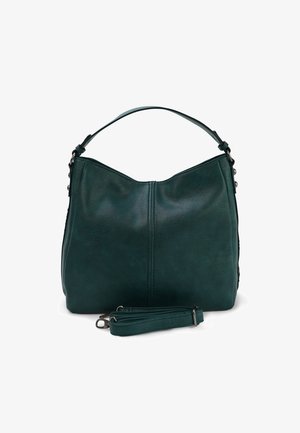 Groene leren handtas met een gebogen bovenkant, dubbele handvatten en een afneembare schouderband. Heeft een gladde textuur en minimale stiksels.