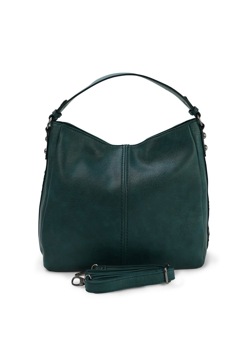 Groene leren handtas met een gebogen bovenkant, dubbele handvatten en een afneembare schouderband. Heeft een gladde textuur en minimale stiksels.
