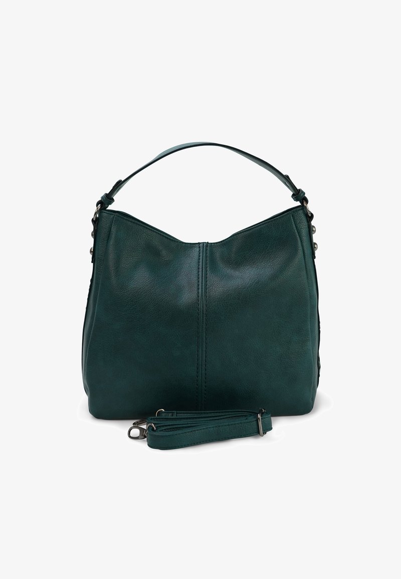 Groene leren handtas met een gebogen bovenkant, dubbele handvatten en een afneembare schouderband. Heeft een gladde textuur en minimale stiksels.
