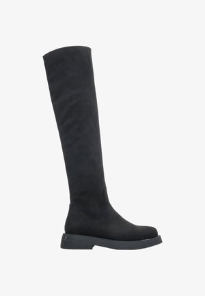 Zwarte suede over-de-knie laarzen met een platte zool, strakke silhouet en minimale stiksels. Beschikt over een gladde textuur en subtiele accenten.