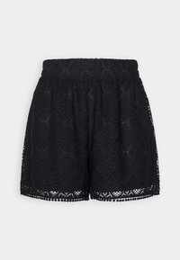 Shorts negros de encaje, con un patrón de diamantes y un dobladillo con puntas y adornos de pompones. Cintura elástica para un ajuste relajado.