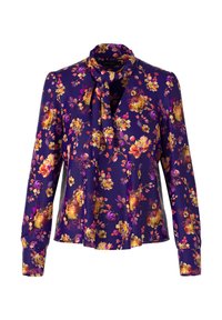 Purple blouse with a floral pattern in orange and yellow. Features a tied collar and long sleeves with buttoned cuffs. Soft fabric texture.