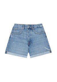 Farkkushortsit vaaleansinisessä värissä, joissa on risat helmareunat, viisi taskua ja nappikiinnitys. Materiaalina on teksturoitu kangas ja niissä on hieman kulutusta.