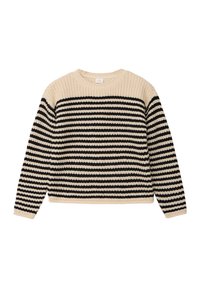 Maglione lavorato a maglia con strisce orizzontali beige e nere, scollatura rotonda e maniche lunghe. Tessuto testurizzato e dettagli a costine sull'orlo.