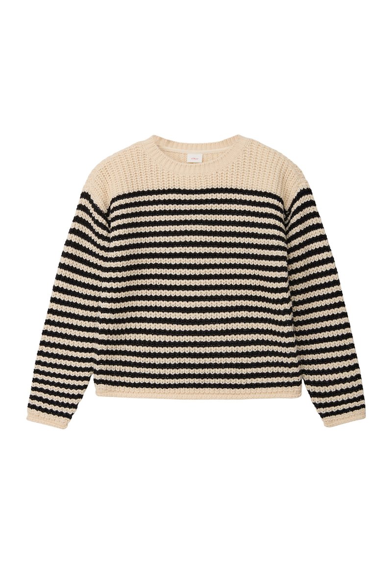 Maglione lavorato a maglia con strisce orizzontali beige e nere, scollatura rotonda e maniche lunghe. Tessuto testurizzato e dettagli a costine sull'orlo.