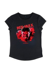 Černá bavlněná košile s grafikou Červeného Hulka a výrazným červeným textem. Kolo výstřih a krátké rukávy s hladkou texturou.