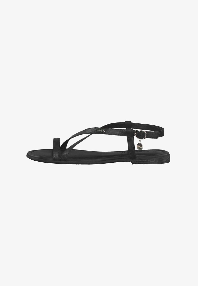 Schwarze flache Sandalen mit dünnen Kreuzriemen, einer strukturierten Innensohle und einem verstellbaren Knöchelriemen mit einem kleinen Metallelement.
