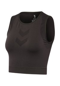 Czarny sportowy krótki top z okrągłym dekoltem, bez rękawów, gładką teksturą, z trzema wzorami w kształcie szewronów na przodzie.