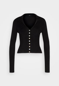 Černý dlouhý rukáv cardigan vyrobený z ribbed materiálu, s V-čkovým výstřihem a řadou kontrastních knoflíků na přední straně.