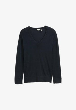 Tumedast sinise pikakäisega kampsun V-kaelusega, pehmest kangast, millel on puhas siluett ja soonikuidede ääred.