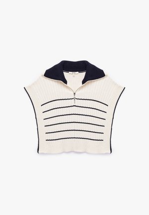 Cremfarbener Strickpullover mit dunkelblauem Kragen und kurzen Ärmeln, versehen mit horizontalen dunkelblauen Streifen und einem Reißverschluss vorne.