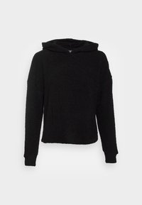 Schwarzer Kapuzenpullover aus strukturiertem Fleece, mit langen Ärmeln, lockerer Passform und flachem Saum. Keine sichtbaren Elemente oder Muster.