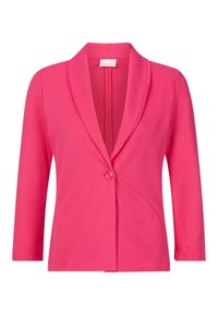 Fuchsiový růžový blazer s klopovým límcem, zapínáním na jeden knoflík a rukávy po tři čtvrtiny. Měkká látka s hladkým povrchem.