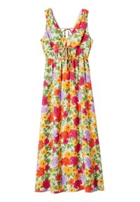 Robe maxi florale avec un motif multicolore de fleurs orange, rose, jaune et violette sur un fond vert clair ; encolure à nouer réglable.