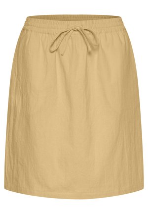 Falda amarilla clara con cinturilla elástica y cordón, diseño casual y una tela ligeramente texturizada. Longitud hasta el muslo con ningún patrón visible.