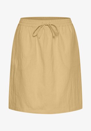 Pusiau geltona sijonas su elastingu raišteliu juosmenyje, atsitiktinis dizainas ir šiek tiek tekstūruota medžiaga. Ilgis iki vidurio šlaunies, be matomų raštų.