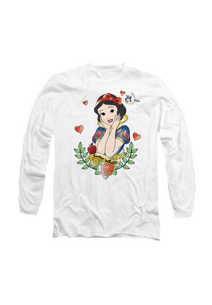 White long-sleeve shirt with a graphic of a cartoon character surrounded by hearts, flowers, and a bird, featuring vibrant colors and a playful design.