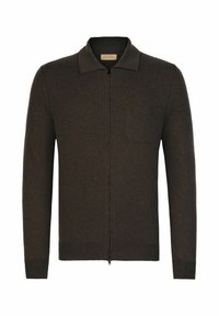Mörkbrun stickad cardigan med dragkedja framtill, långa ärmar, platt krage och bröstficka. Mjuk textur och minimal design.