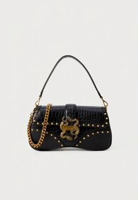 Black crocodile-embossed handbag with gold stud accents, chain strap, and snake-shaped clasp detail. Compact rectangular shape.