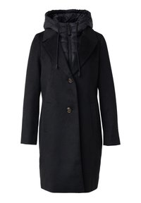 Cappotto di lana nero con cappuccio imbottito rimovibile, caratterizzato da un design doppiopetto, due tasche frontali e una superficie liscia.