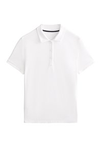White short-sleeve polo shirt made of ribbed fabric, featuring a classic collar and three-button placket. Simple design, no patterns or accents.