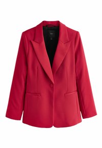 Rød skræddersyet blazer med klapkrave, en enkelt knaplukning og to forlommer. Fremstillet af glat stof med en struktureret form.