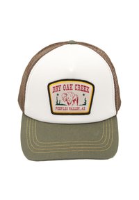 Trucker cap with a white front, brown mesh sides, olive green bill, and a patch featuring a buffalo, text, and decorative elements.