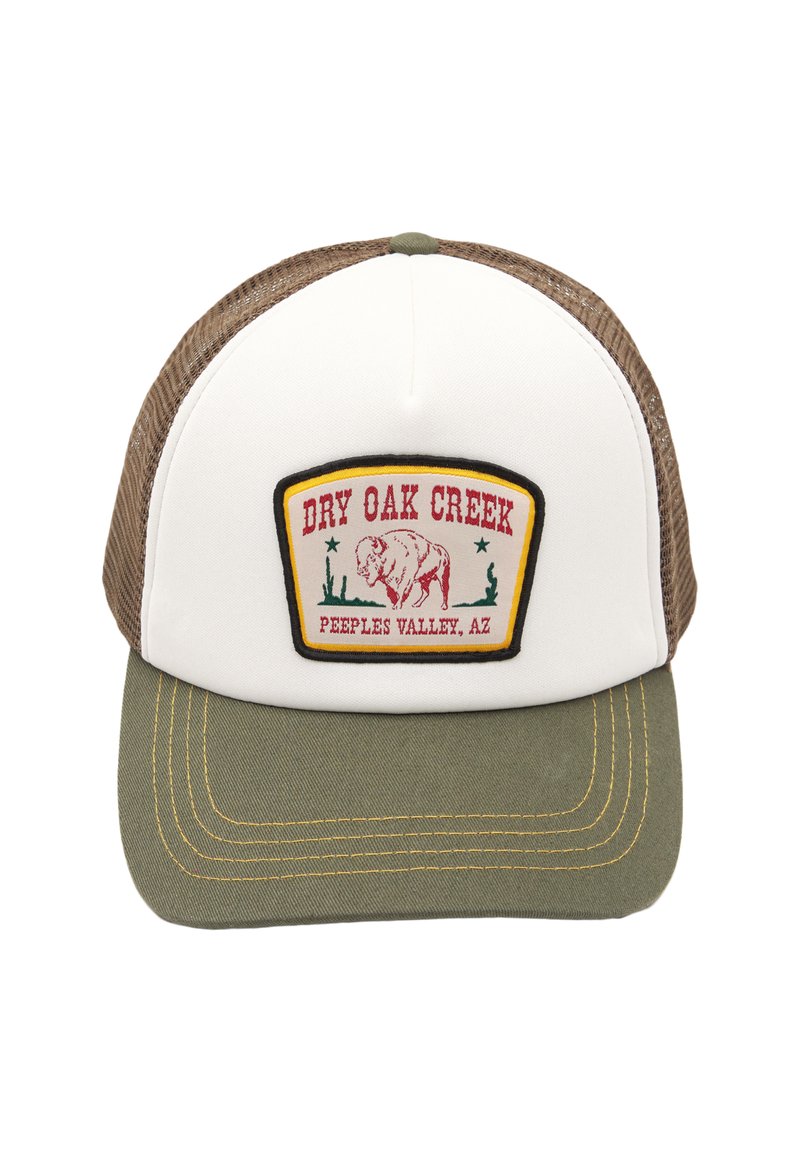 Trucker cap with a white front, brown mesh sides, olive green bill, and a patch featuring a buffalo, text, and decorative elements.
