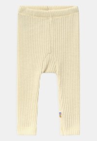 Leggings jaunes à côtes avec une finition texturée et une taille élastique. Présente un accent rayé multicolore au bas.