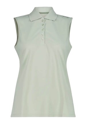 Polo senza maniche grigio chiaro con cinque bottoni davanti e colletto standard, mostrato su sfondo bianco.