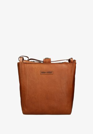 Rechthoekige schoudertas van bruin leer met verstelbare riem en Hill Burry-logo op de voorkant.