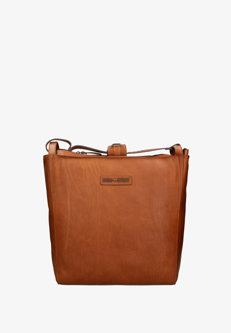Sac d'épaule rectangulaire en cuir marron avec une sangle réglable et un écusson logo Hill Burry à l'avant.