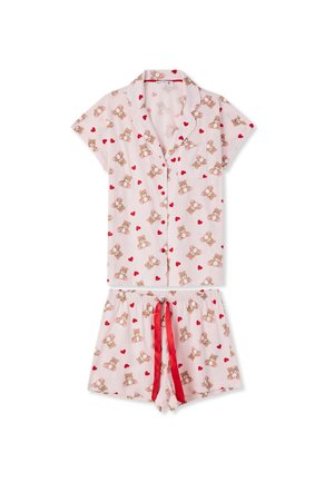 Set di pigiama rosa con camicia a maniche corte con bottoni e pantaloncini, decorato con motivo di orsacchiotti e cuori rossi, coulisse rossa sui pantaloncini.