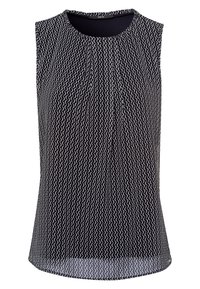 Top sans manches noir avec un motif de vagues blanches, fabriqué à partir d'un tissu léger. Encolure ronde et ourlet droit.