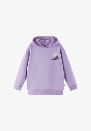 Lilac children's hoodie with a front logo featuring a circle and triangle design and the text "reima" on the chest.