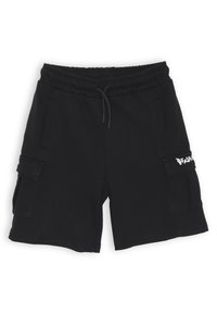 Pantaloni cargo neri in cotone, con vita elastica, coulisse, due tasche laterali e una tasca cargo con marchio.