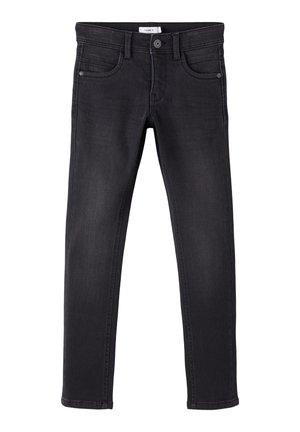 Jean slim noir avec fermeture par boutons à l'avant, passants de ceinture et cinq poches, présenté à plat sur fond blanc.