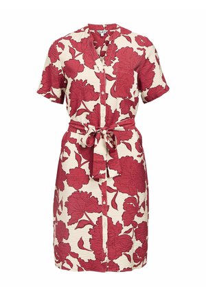 Květinové šaty v krémové barvě s velkými vzory červené pivoňky, krátké rukávy, límeček, přední zapínání na knoflíky a zavázaný pásek v pase pro přiléhavý siluetu.