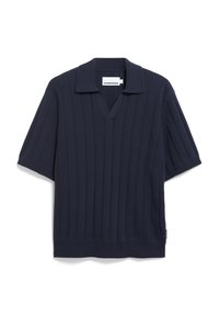 Navyblauwe pullover met korte mouwen en een kraaglijn, van ribbeltextuur. Heeft een subtiel verticaal gestreept patroon en een ontspannen pasvorm.